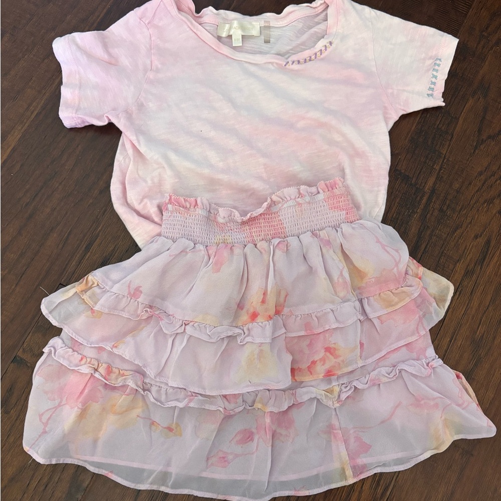 LoveShackFancy Pink and White Ruffled skirt and T-shirt.